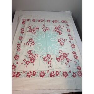 1950's Vintage Linen Tablecloth Block Print 45"x53" Rectangle Floral